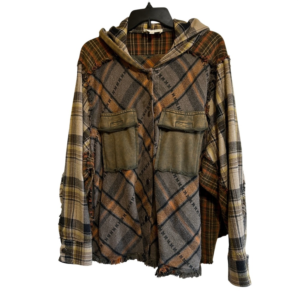 Oli & Hali Plaid Patchwork Hoodie Small Brown Mixed Media Raw Edge Button Up